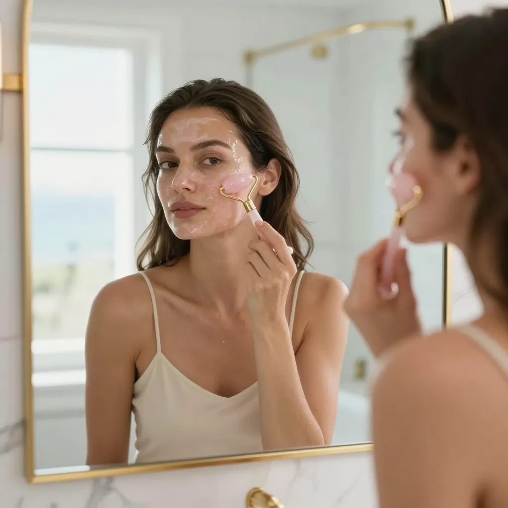 Kit Gua Sha y Rodillo de Cuarzo Rosa