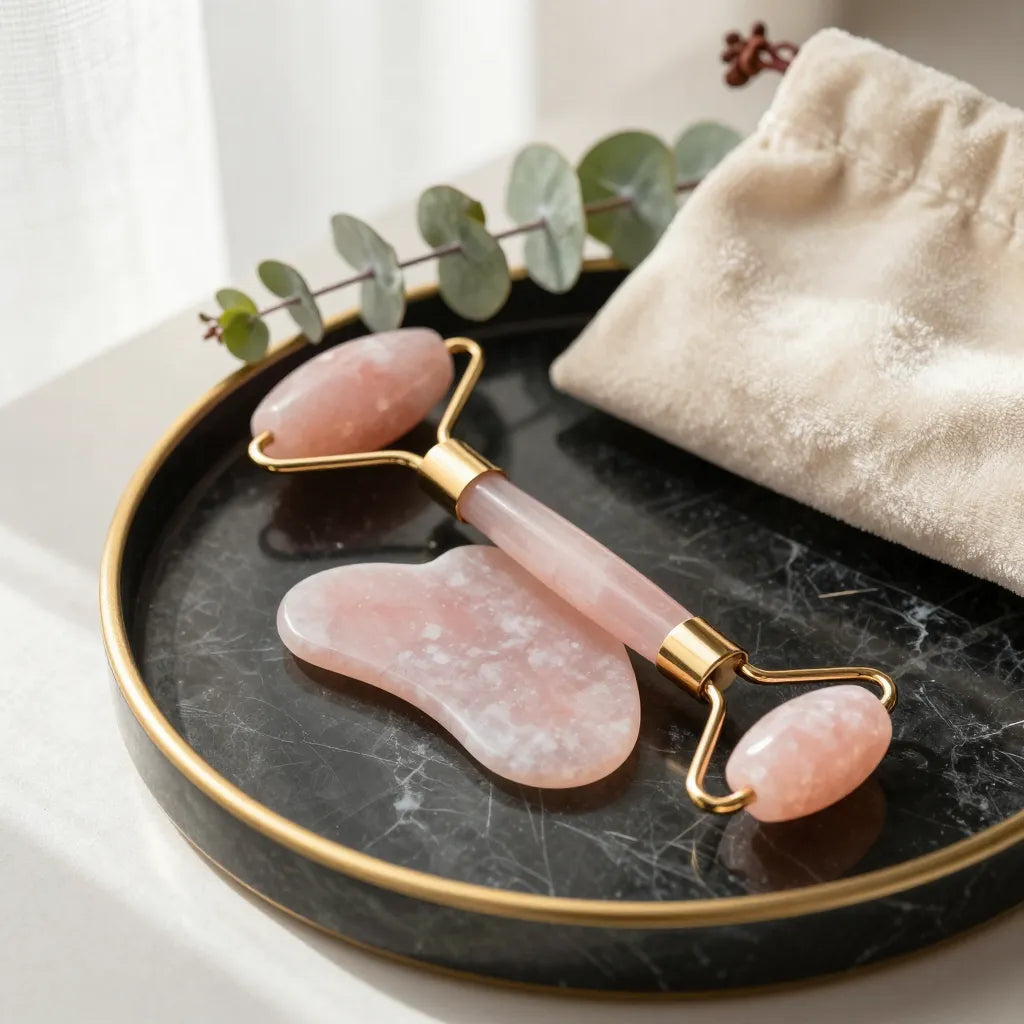 Kit Gua Sha y Rodillo de Cuarzo Rosa